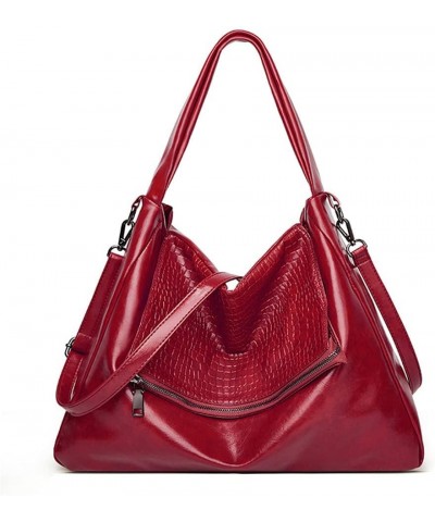 Hobo Tote Bag for Women Oil wax leather Handbag Crocodile Print Shoulder Bag Zipper Closure Crossbody Bag Red $27.83 Totes