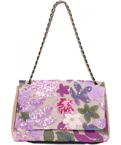 Women's Shoulder Bag Flap Square Sequin Burlap bags Embroidered Flower Pattern Bag Purse Bag Stylish Lightweight Purple $22.6...