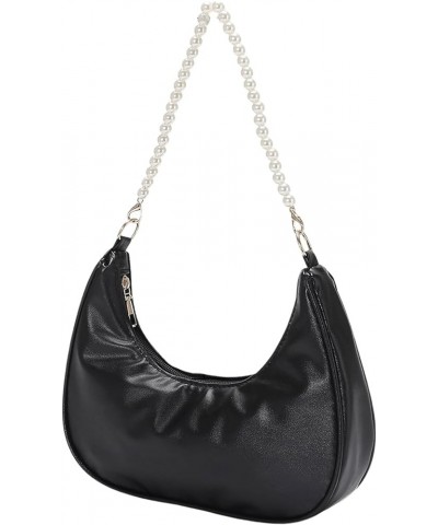 Women's Pearls Chain Top Handle Shoulder Bags PU Leather Zipper Hobo Bags Clutch Purses Black Pearls $15.12 Shoulder Bags