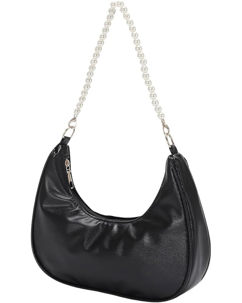 Women's Pearls Chain Top Handle Shoulder Bags PU Leather Zipper Hobo Bags Clutch Purses Black Pearls $15.12 Shoulder Bags