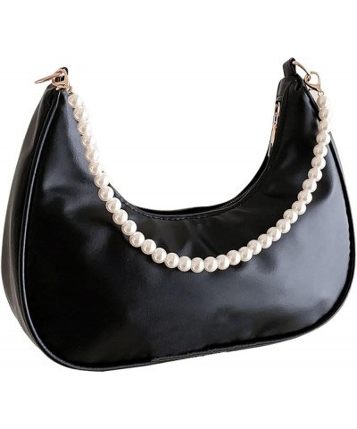 Women's Pearls Chain Top Handle Shoulder Bags PU Leather Zipper Hobo Bags Clutch Purses Black Pearls $15.12 Shoulder Bags