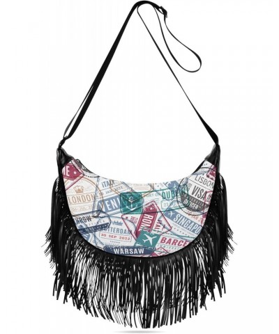 Vintage Travel Stamp Fringe Bag for Women Cross Body Bag Tassel Shoulder Bag Satchel $13.76 Shoulder Bags