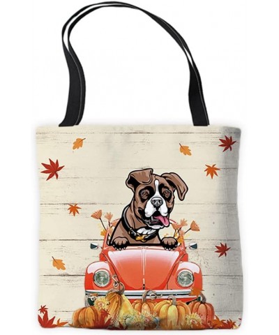 Canvas Tote Bag Boxer Peeking Dog in Red Retro Bag with Pumpkin and Maple Leaves Summer Autumn Bag Surrounding with Flowers B...