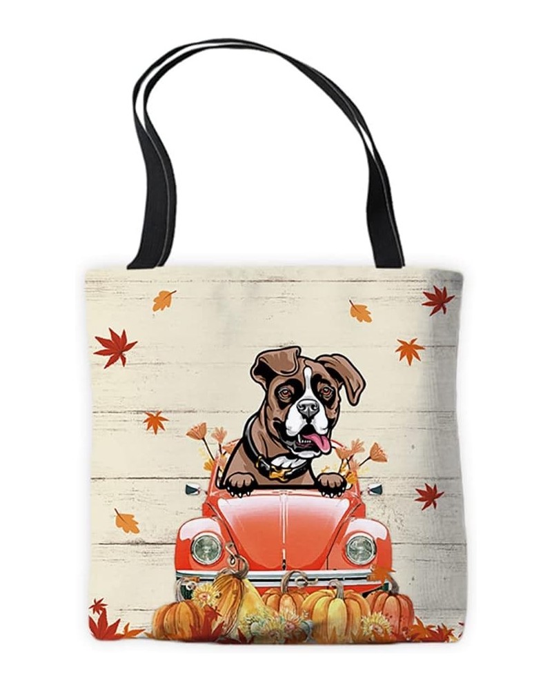 Canvas Tote Bag Boxer Peeking Dog in Red Retro Bag with Pumpkin and Maple Leaves Summer Autumn Bag Surrounding with Flowers B...