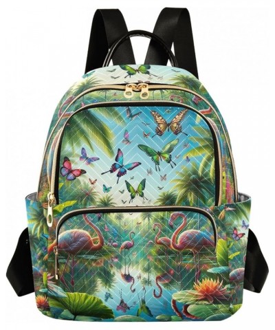 Butterflies Tropical Plants Flamingos Quilted Backpack Women's Mini Backpack Purse Anti Theft Backpack Butterflies Tropical P...