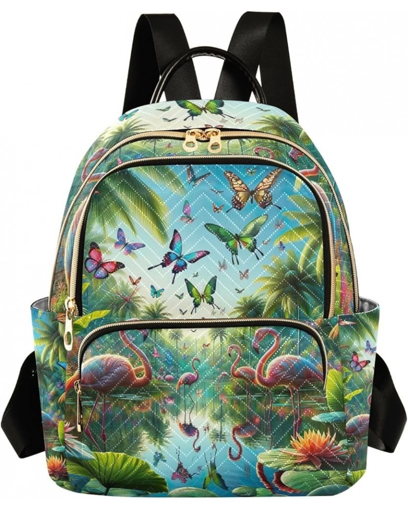 Butterflies Tropical Plants Flamingos Quilted Backpack Women's Mini Backpack Purse Anti Theft Backpack Butterflies Tropical P...