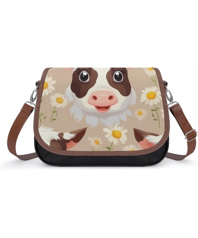 Cute Cows Daisy Flowers Women's PU Leather Purses Crossbody Shoulder Bag Messenger Bag $24.18 Shoulder Bags