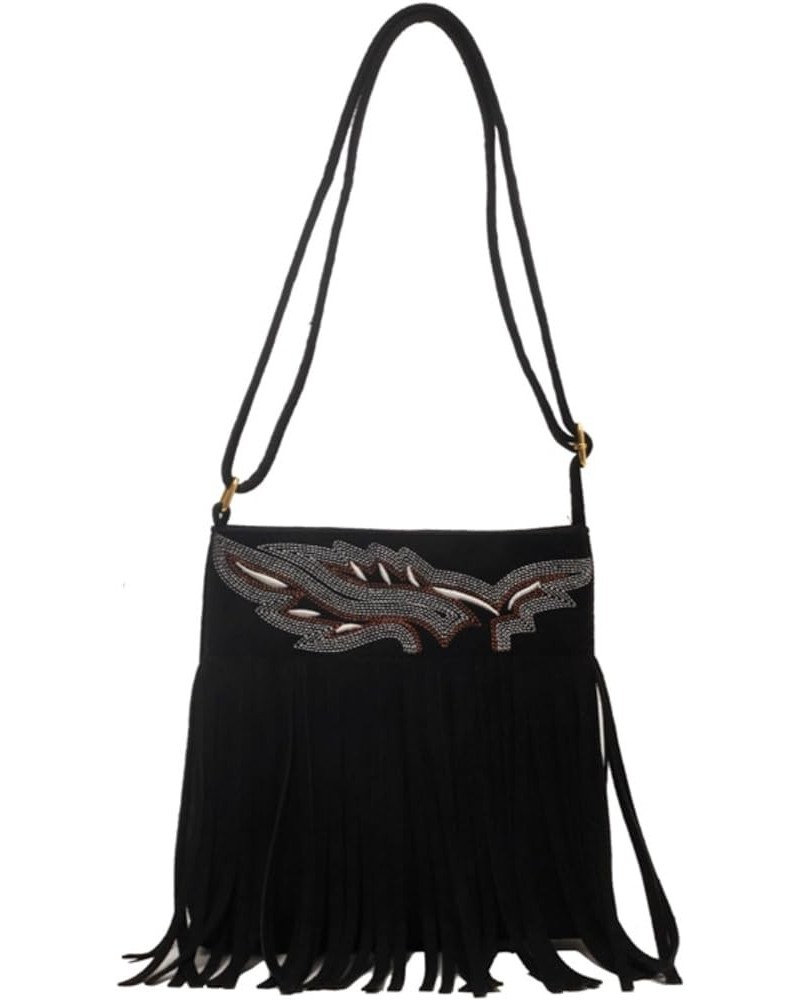 Women Fringe Hippie Crossbody Bag Faux Suede Shoulder Bag Hobo Tassel Messenger Bag Boho Purse Black B $39.03 Totes