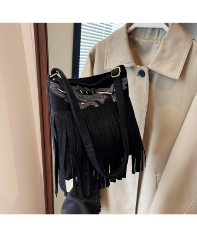 Women Fringe Hippie Crossbody Bag Faux Suede Shoulder Bag Hobo Tassel Messenger Bag Boho Purse Black B $39.03 Totes