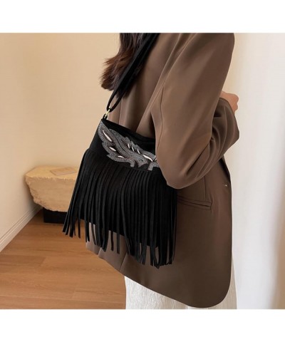 Women Fringe Hippie Crossbody Bag Faux Suede Shoulder Bag Hobo Tassel Messenger Bag Boho Purse Black B $39.03 Totes