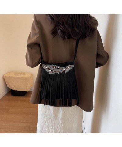 Women Fringe Hippie Crossbody Bag Faux Suede Shoulder Bag Hobo Tassel Messenger Bag Boho Purse Black B $39.03 Totes