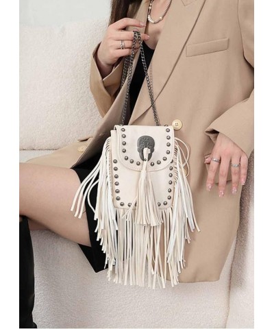 Crossbody Bag for Women Rivet Tassels Phone Bags Chain Handbag Soft Leather Purse Satchel Off-white $15.49 Satchels