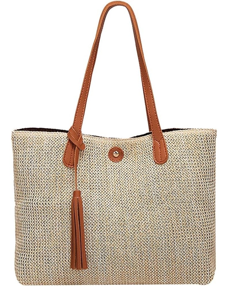 Fashion Handbags Women Woven Straw Bag Summer Beach Tote Purse Khaki&off-white $12.75 Totes