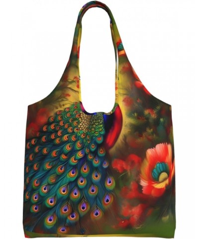 Peacock Flowers Extra Large Capacity Shoulder Canvas Bag For Shopping Travel Daily Use $13.59 Totes