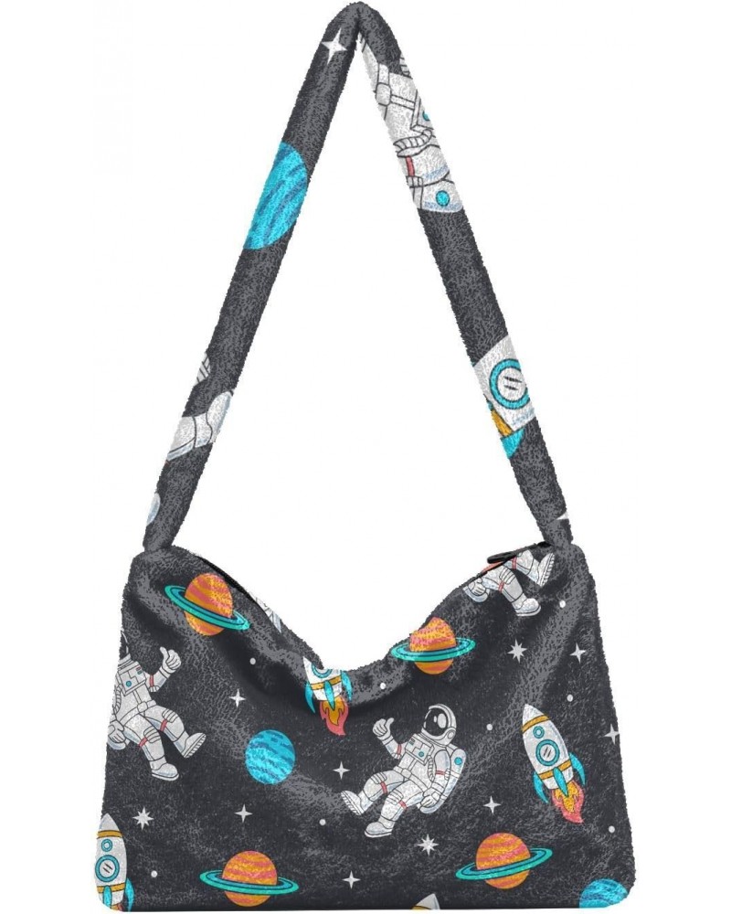 Cartoon Space Rockets Planets Furry Tote Bag for Women Crossbody Bag Travel Shoulder Bags Handbags Casual Handbags with Zippe...