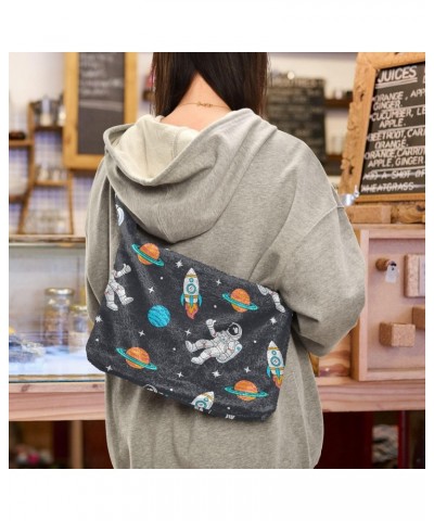 Cartoon Space Rockets Planets Furry Tote Bag for Women Crossbody Bag Travel Shoulder Bags Handbags Casual Handbags with Zippe...