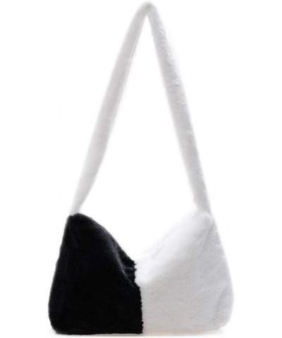 Shoulder Bags for Women Plush Tote Underarm Bags Soft Fur Flower Pattern Handbag Zipper Mini Armpit Bag Black White Strap $9....