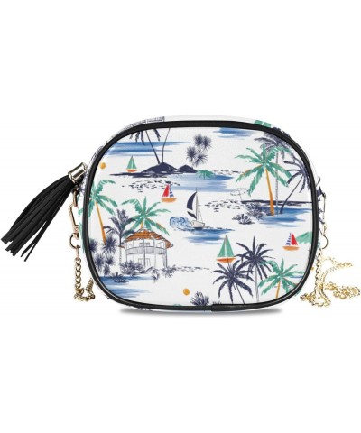 Small Crossbody Bag Summer Palm Trees Boat Womens Shoulder Chain Bag PU Leather Small Purse With Tassel $12.00 Shoulder Bags