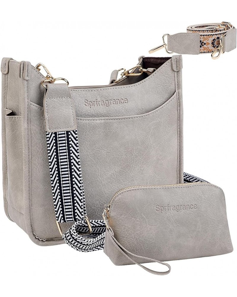 Women's Crossbody Handbags Vegen Leather Purses 2Pcs Hobo Purse Bags Wallet Set with 2 Adjustable Guitar Strap Gray $15.58 Ho...