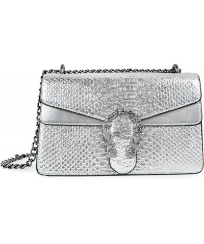 Crossbody Shoulder Purse for Women - Snake Printed Leather Evening Clutch Chain Strap Small Satchel Bag 1 Silver $14.08 Satchels