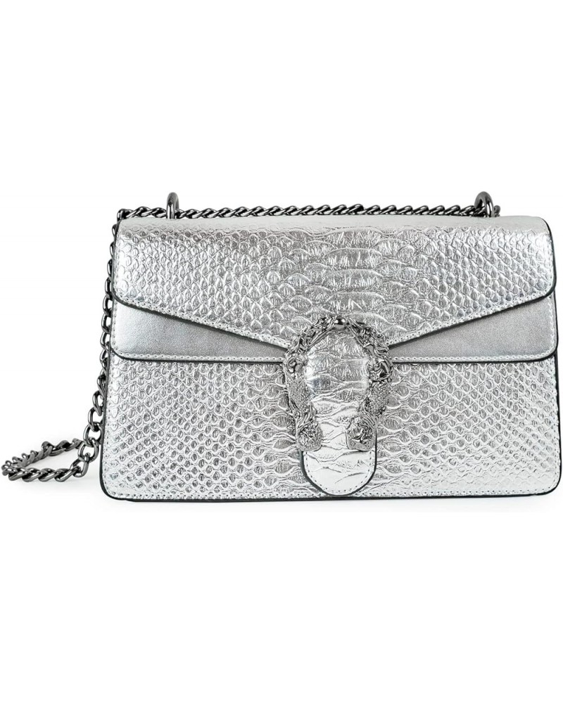 Crossbody Shoulder Purse for Women - Snake Printed Leather Evening Clutch Chain Strap Small Satchel Bag 1 Silver $14.08 Satchels