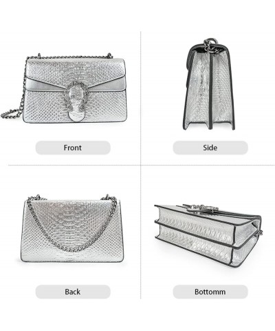 Crossbody Shoulder Purse for Women - Snake Printed Leather Evening Clutch Chain Strap Small Satchel Bag 1 Silver $14.08 Satchels