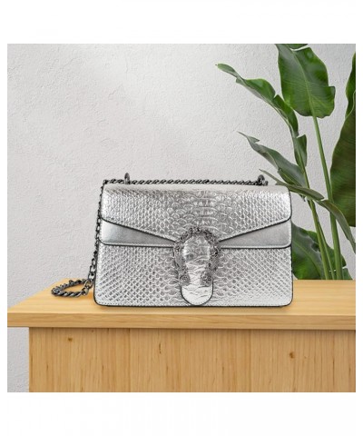 Crossbody Shoulder Purse for Women - Snake Printed Leather Evening Clutch Chain Strap Small Satchel Bag 1 Silver $14.08 Satchels