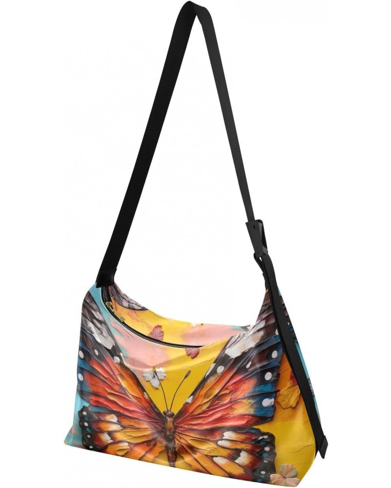 Butterfly Orange Painting Hobo Shoulder Bag for Women Men PU Leather Crossbody Bag Slouchy Tote Handbags for Working Travelin...