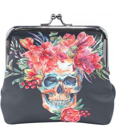 Watercolor Skull With Red Flower Amaryllis Pouch Small Wallet - Kiss-lock Change Coin Purse Wallets for Women Girl $13.24 Wal...