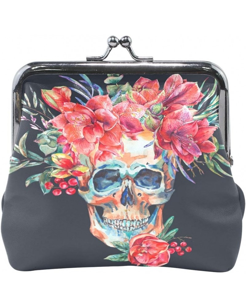 Watercolor Skull With Red Flower Amaryllis Pouch Small Wallet - Kiss-lock Change Coin Purse Wallets for Women Girl $13.24 Wal...