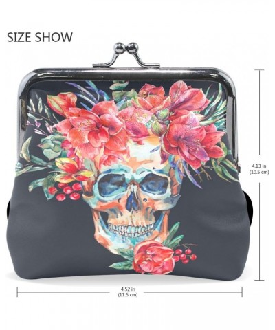 Watercolor Skull With Red Flower Amaryllis Pouch Small Wallet - Kiss-lock Change Coin Purse Wallets for Women Girl $13.24 Wal...