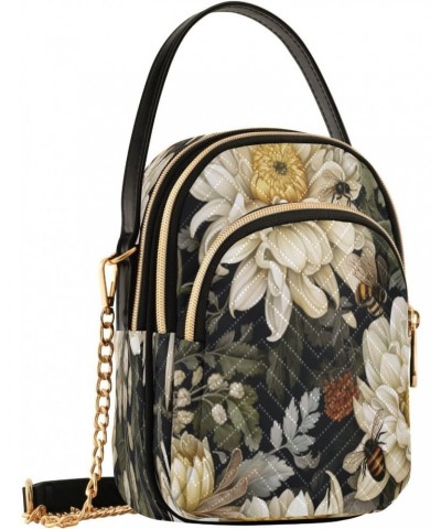 Quilted Crossbody Bags for Women,White Blooming Flowers with Bees Women's Crossbody Handbags Small Travel Purses Phone Bag $1...