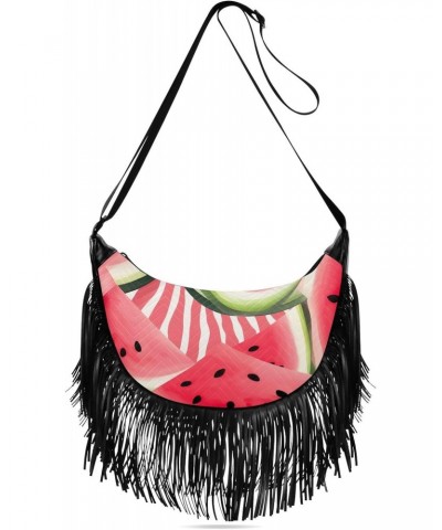 Watermelon Pink White Stripe Tassel Crossbody Handbags for Women Ample Capacity Shoulder Bag with Adjustable Strap Durable Wa...