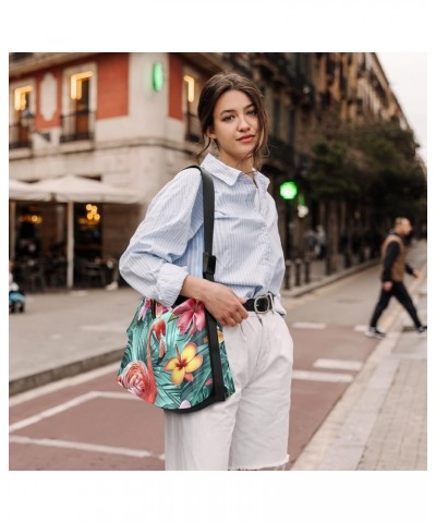 Beautiful Pink Unicorn in Forest Leather Crossbody Shoulder Bag, Hobo Leather Bags for Women Pink Flamingo and Tropical Flowe...