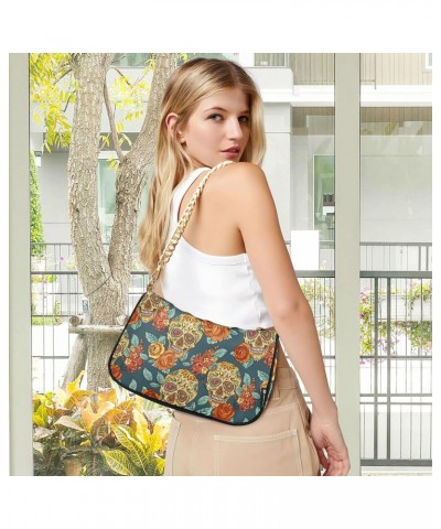 Sugar Skull Flower Day Of The Dead Shoulder Bag Purse for Women Tote Handbag with Zipper Closure $13.33 Totes