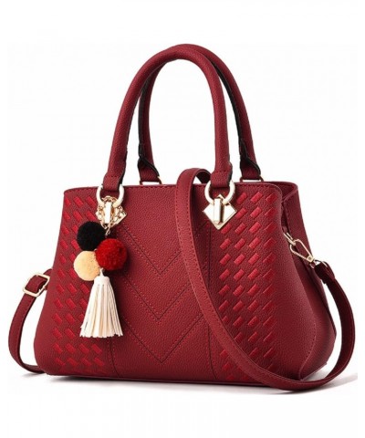 Womens Leather Handbags Purses Top-handle Totes Satchel Shoulder Bag for Ladies with Pompon and Tassel Wine $10.92 Handbags