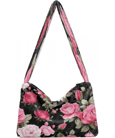 Floral Pink Flower on Black Lady Shoulder Bag, Shoulder Handbag Women, Autumn Handbags Floral Pink Flower on Black-6 $11.99 S...