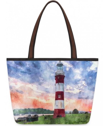 Women Tote Bag Large Handbag Lighthouse Art Painting Shoulder Bag Zippered Satchel Purse for Work Travel Beach Bag $12.59 Sat...