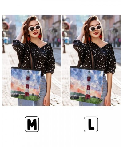 Women Tote Bag Large Handbag Lighthouse Art Painting Shoulder Bag Zippered Satchel Purse for Work Travel Beach Bag $12.59 Sat...