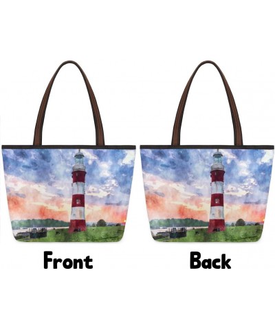 Women Tote Bag Large Handbag Lighthouse Art Painting Shoulder Bag Zippered Satchel Purse for Work Travel Beach Bag $12.59 Sat...