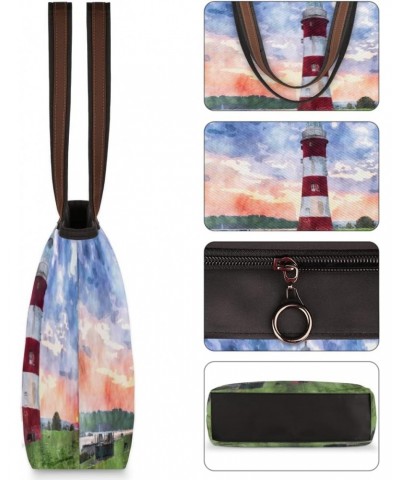 Women Tote Bag Large Handbag Lighthouse Art Painting Shoulder Bag Zippered Satchel Purse for Work Travel Beach Bag $12.59 Sat...