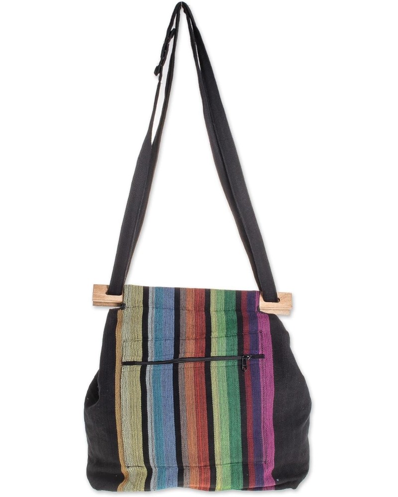 Handmade Cotton Tote Colorful Striped Handbag from El Salvador Multicolor Black Shoulder Woven 'Striped Party' $46.15 Shoulde...