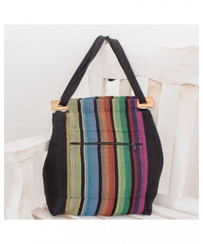 Handmade Cotton Tote Colorful Striped Handbag from El Salvador Multicolor Black Shoulder Woven 'Striped Party' $46.15 Shoulde...