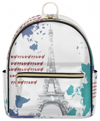 World Map Mini Backpack Purse for Women Teen Girls, Paris Eiffel Tower Leather Small Backpack Lightweight Casual Travel Daypa...