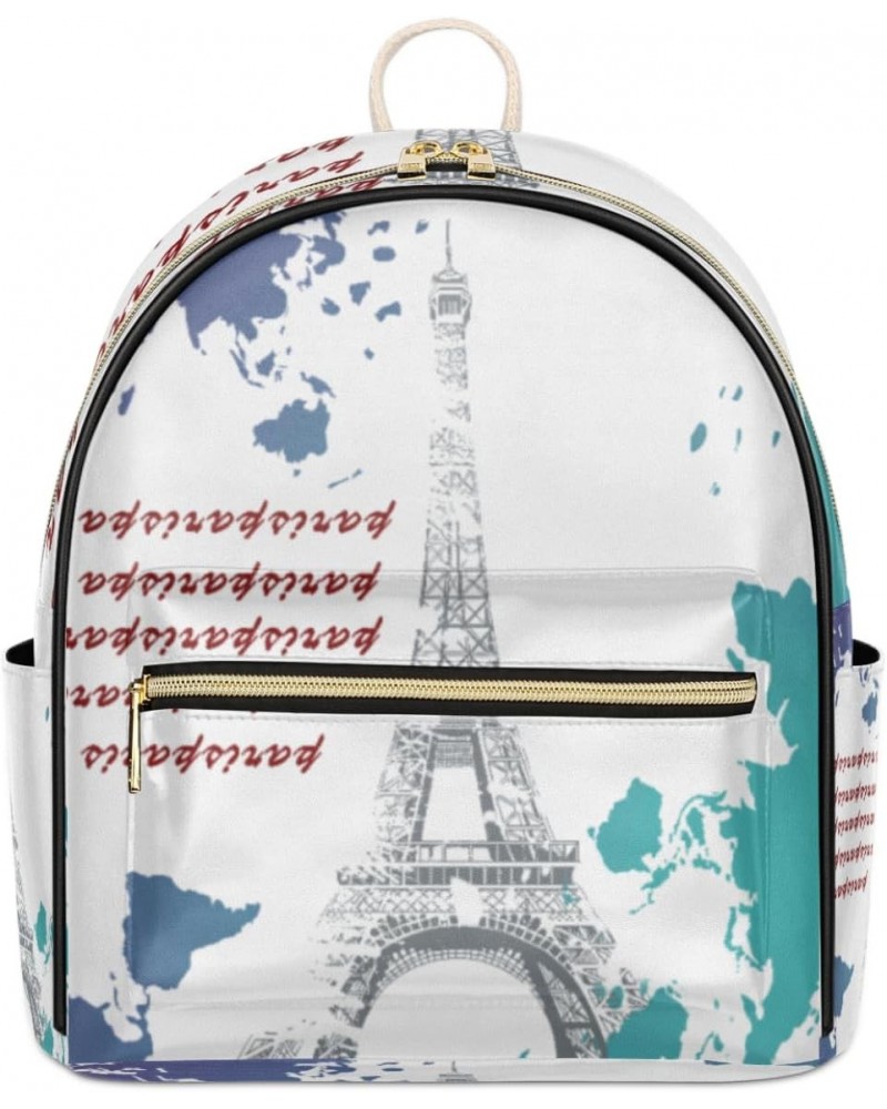 World Map Mini Backpack Purse for Women Teen Girls, Paris Eiffel Tower Leather Small Backpack Lightweight Casual Travel Daypa...