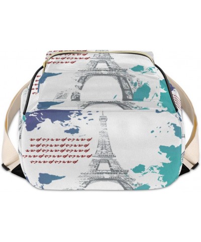 World Map Mini Backpack Purse for Women Teen Girls, Paris Eiffel Tower Leather Small Backpack Lightweight Casual Travel Daypa...