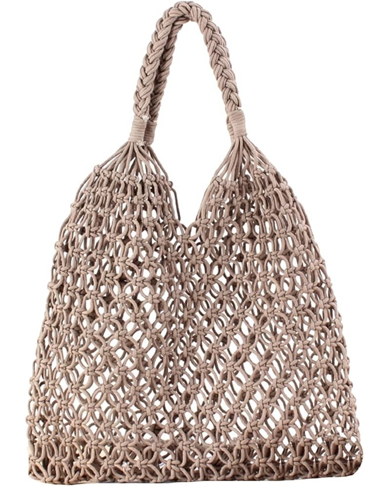 SHAREOIU Women's Cotton Woven Bag Top-Handle Handbags Shoulder Handmade Rope Mesh Beach Bag Khaki $11.09 Shoulder Bags