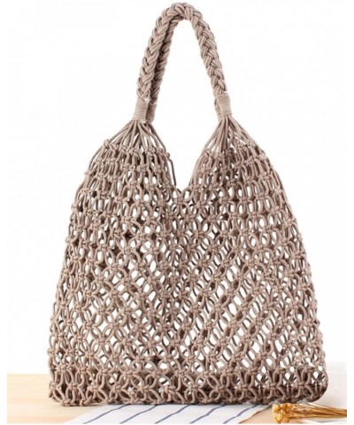 SHAREOIU Women's Cotton Woven Bag Top-Handle Handbags Shoulder Handmade Rope Mesh Beach Bag Khaki $11.09 Shoulder Bags