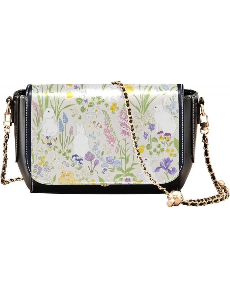 Floral Retro Vintage PU Leather Shoulder Bag Gifts Women Crossbody Bag Purses Medium Purse with Chain Strap Cute Bunny Bloomy...