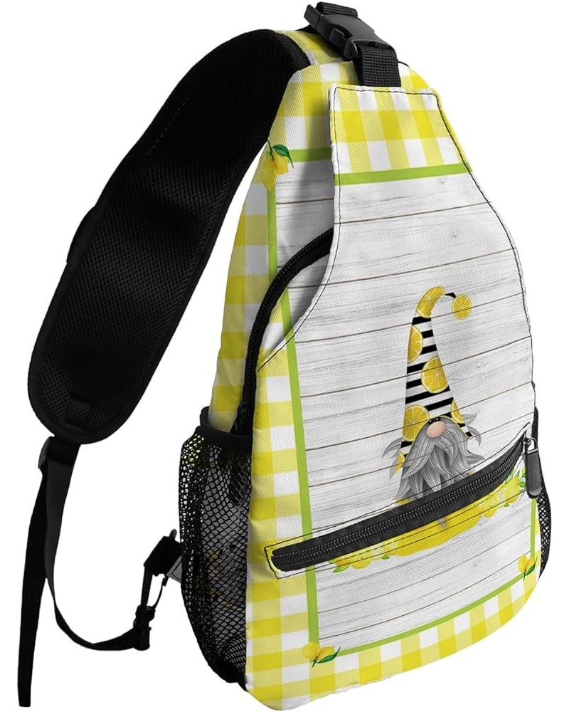 Sling Bag Crossbody Bag for Women Men Summer Lemmon Gnome Yellow Plaid Wooden Waterproof Hiking Backpack Lightweight Chest Sh...